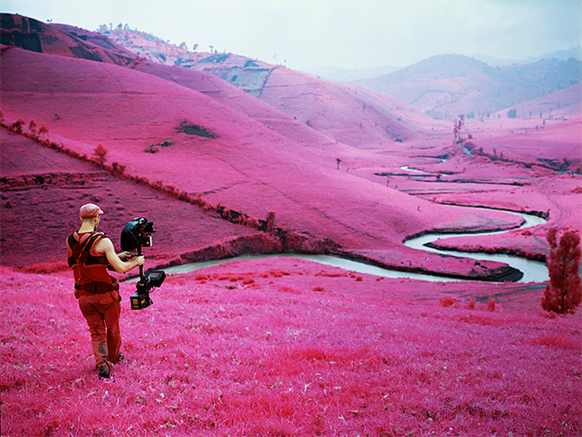 The Enclave, production still, Trevor Tweeten (cinematographer) shooting Arriflex 16mm camera mounted on Steadicam in South Masisi, Nov 2012, Richard Mosse