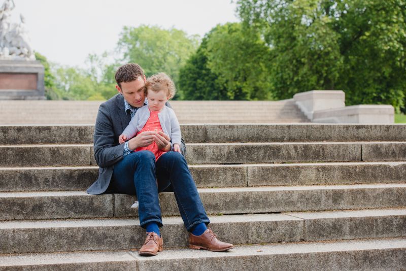 father and daughter on stone steps in London park. Used to demonstrate blend modes in Photoshop