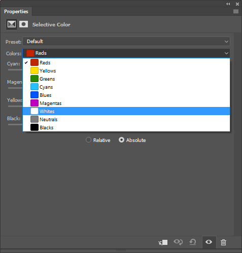 selective color panel being used to adjust whites. Retouching skin in photoshop