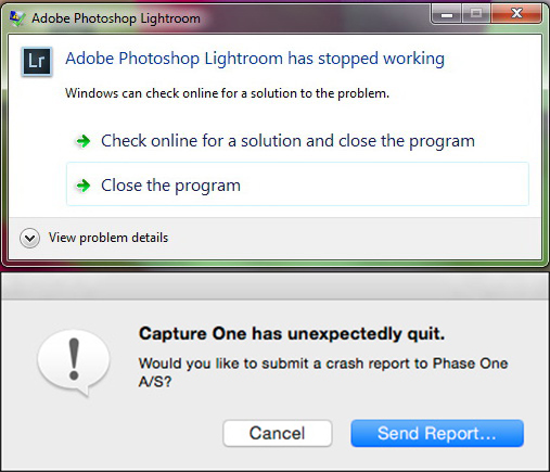 crash warnings from lightroom and capture one. Comparing reliabilty between capture one and Lightroom