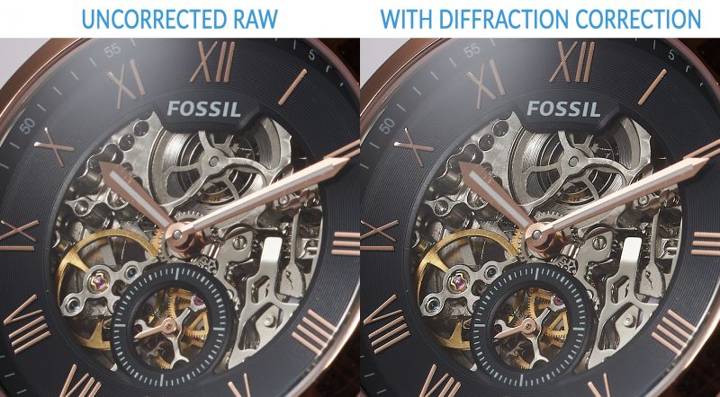 image shows the face of a watch with the diffraction correction in capture one added. On the other side is the image without the correction for comparison 