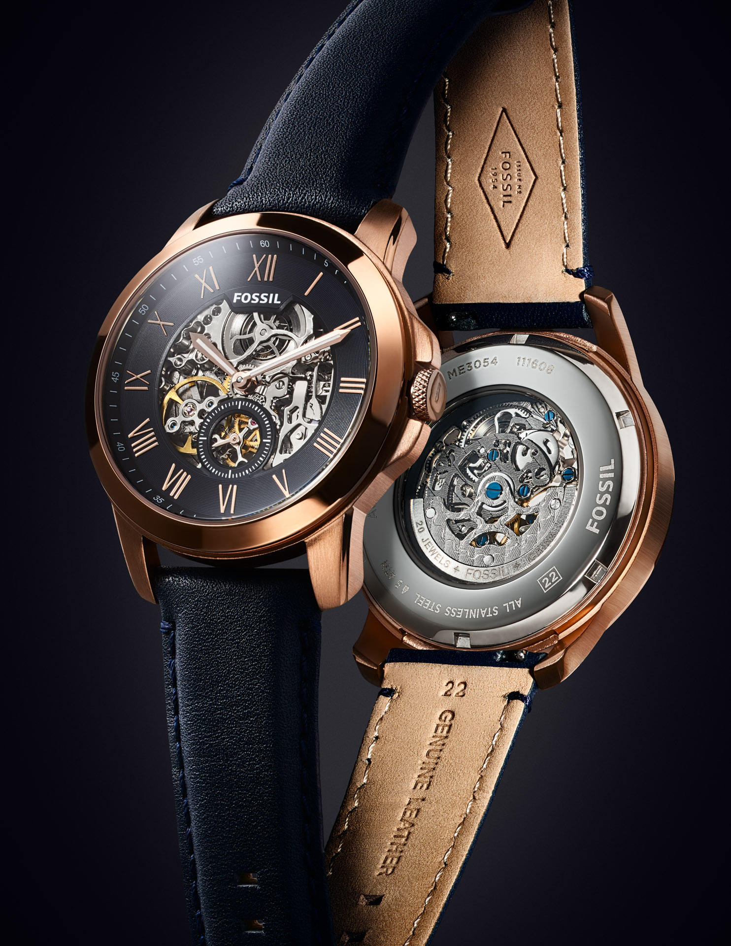 Final product photograph of Fossil watch on dark background demonstrating professional product photography lighting results