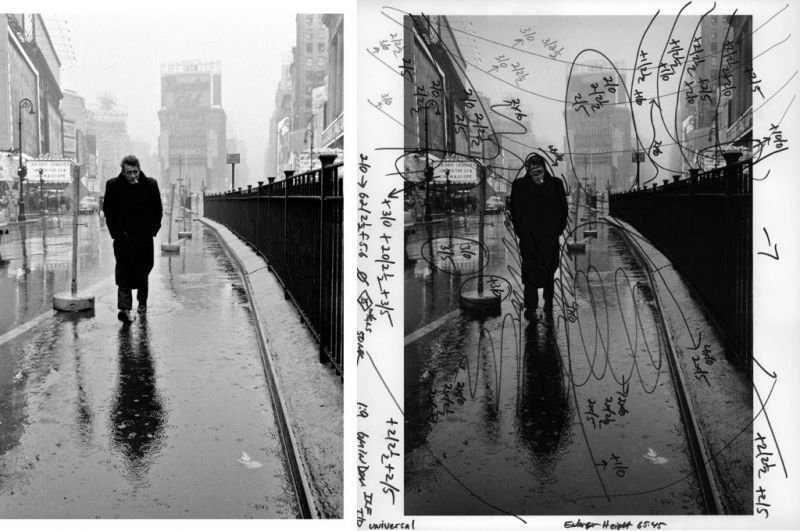 example of retouching in the era of the darkroom. Before and after photo of James dean with darkroom notes