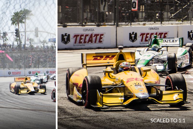 side-by-side closeup vs regular shot of racecar to illustrate what are pixels