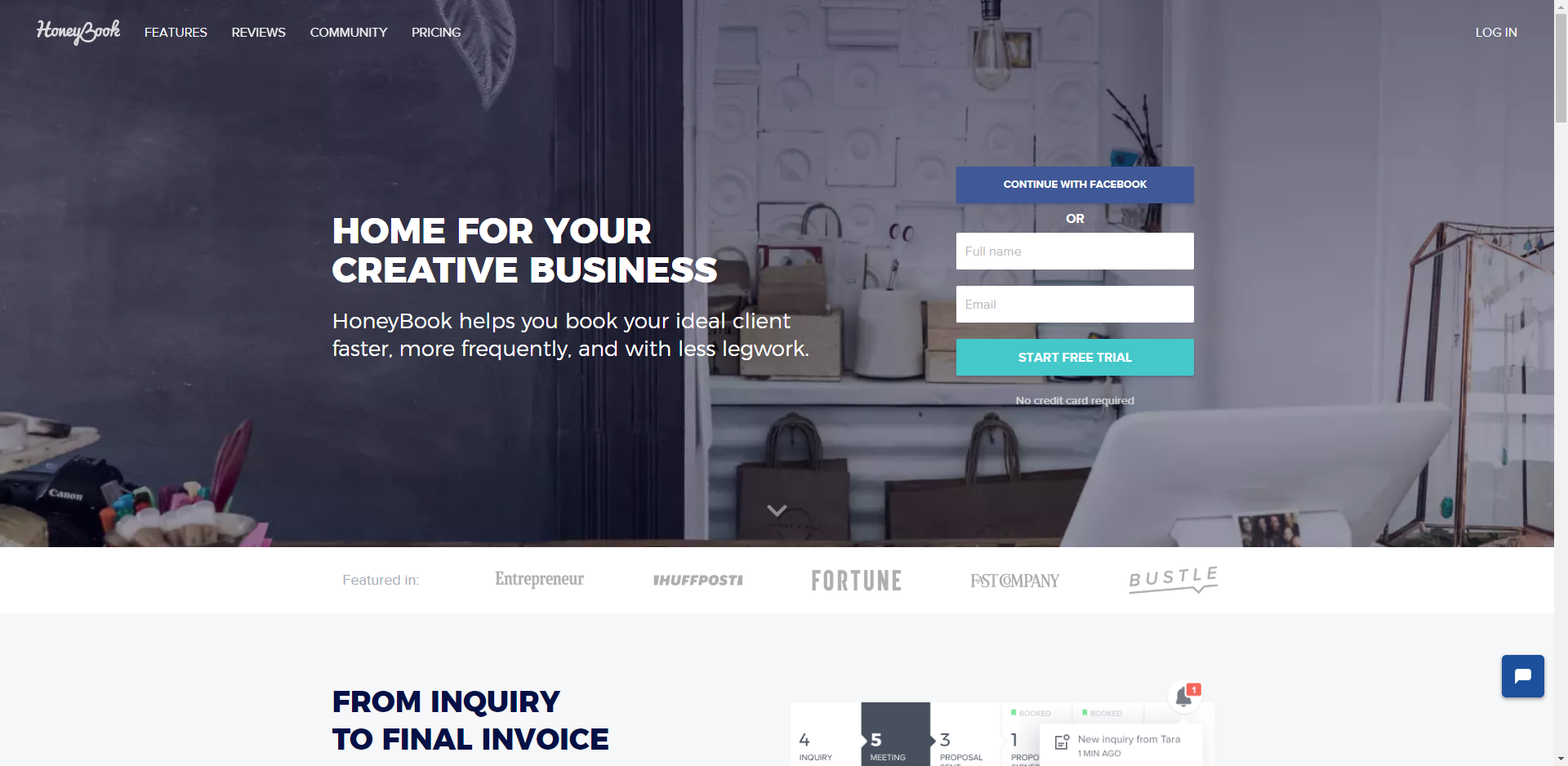 HoneyBook photography CRM homepage showing client management dashboard