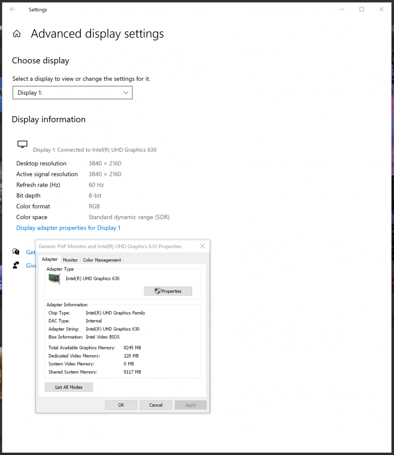 Windows Display Profile Settings Level 2 Display Adapter Properties