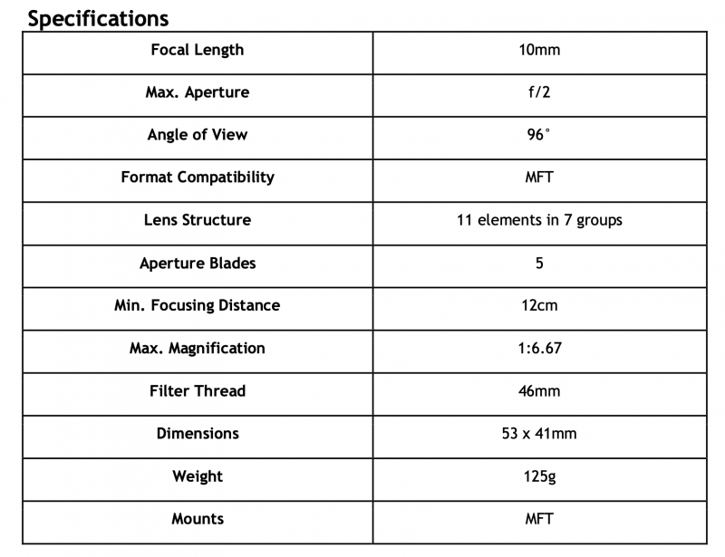 Laowa 10mm f2 Zero D MFT Tech Specs