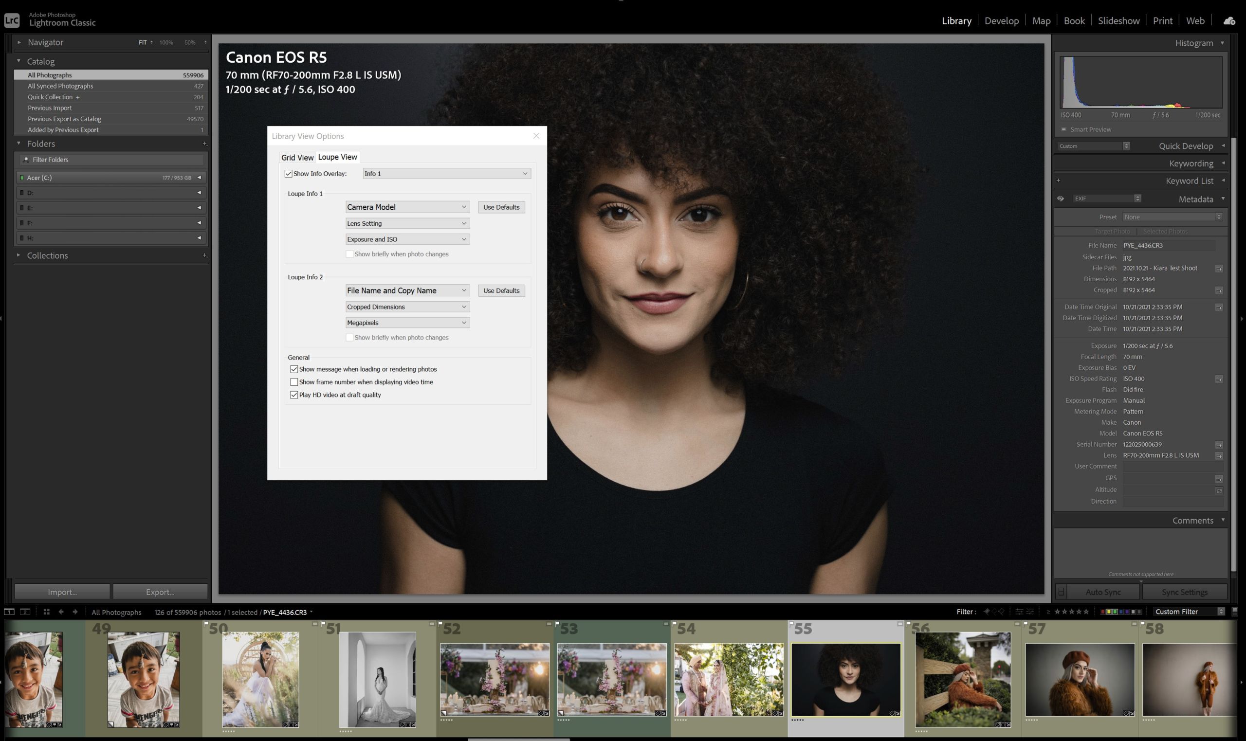 Adobe Lightroom Loupe view showing customized EXIF data overlay in the top left corner of the image with shutter speed aperture ISO and focal length displayed