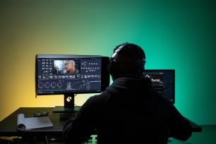 man editing video