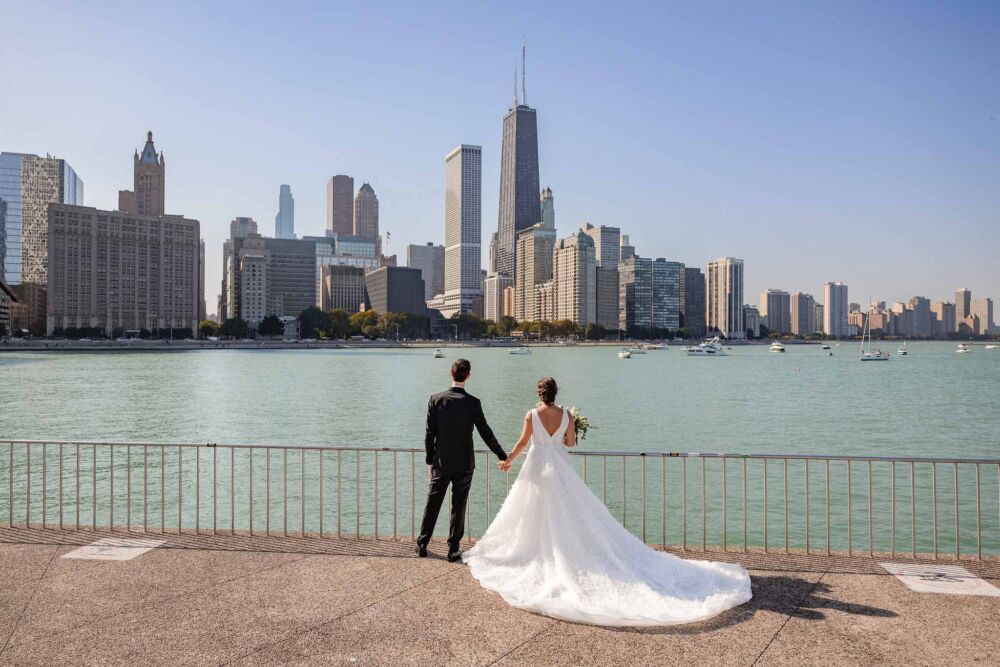lake wedding photography couple looking at the Chicago skyline
