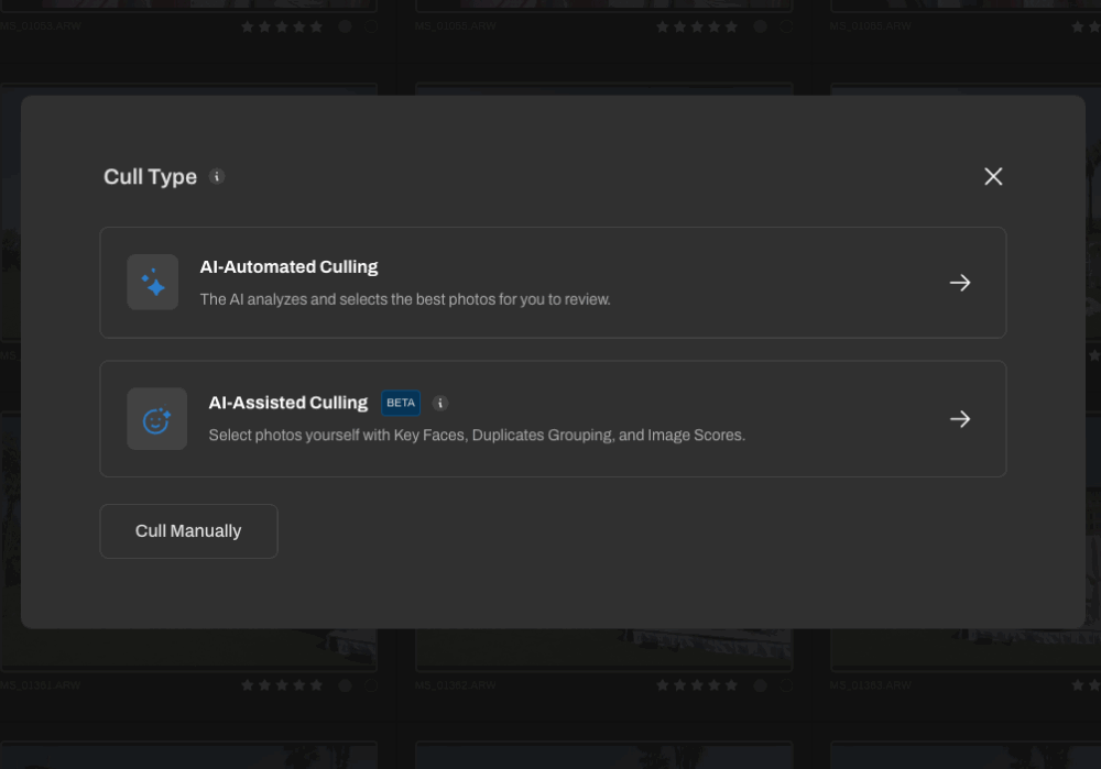 culling dialog box for Aftershoot AI workflow