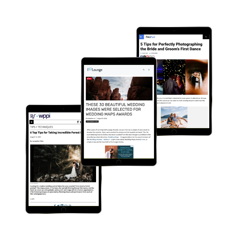 Wedding Maps partner publication features including SLR Lounge, Fstoppers, and Rangefinder