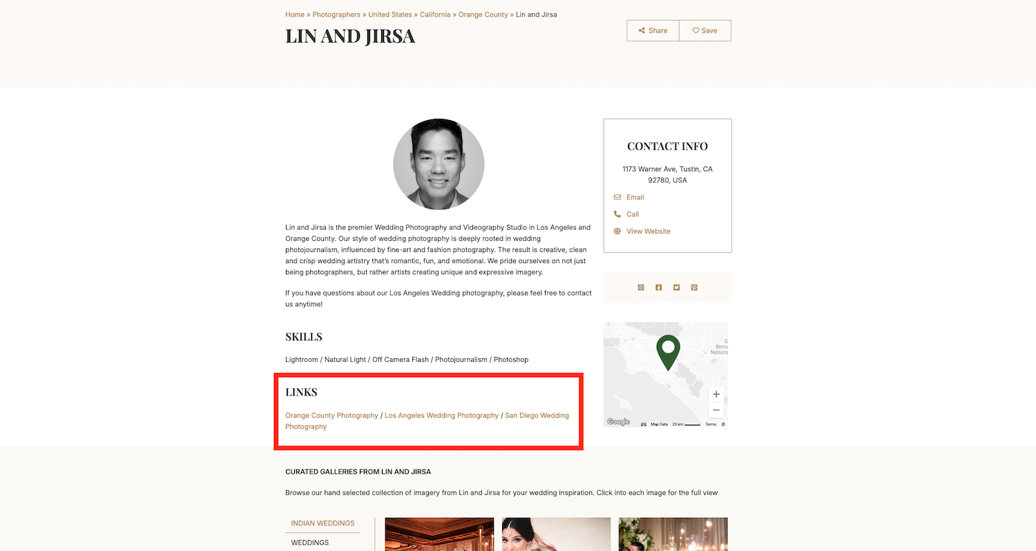 Wedding Maps deep linking feature showing custom link options on photographer profiles