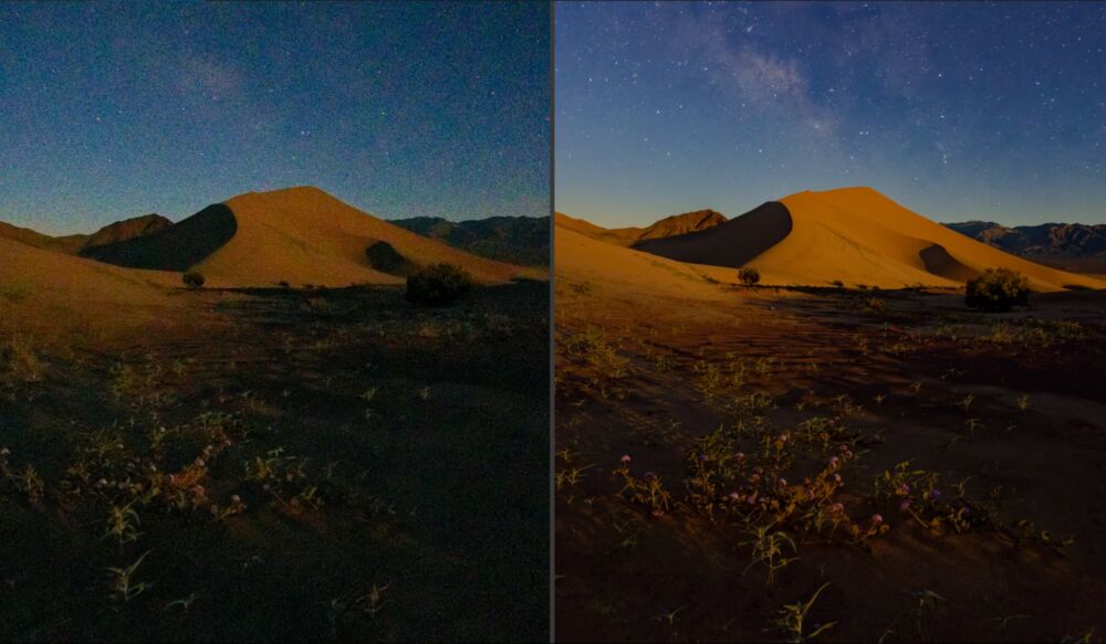 Night landscape of sand dunes with starry sky, showing before and after photo editing comparison.